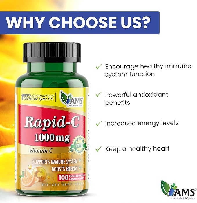 America Medic & Science Rapid-C 1000mg Vitamin C Supplement (5 Pack of 100 Tablets) Energy Booster, Daily Immune System Support, Antioxidant | Vegan, Non-GMO Coated Ascorbic Acid for Adult Men & Women