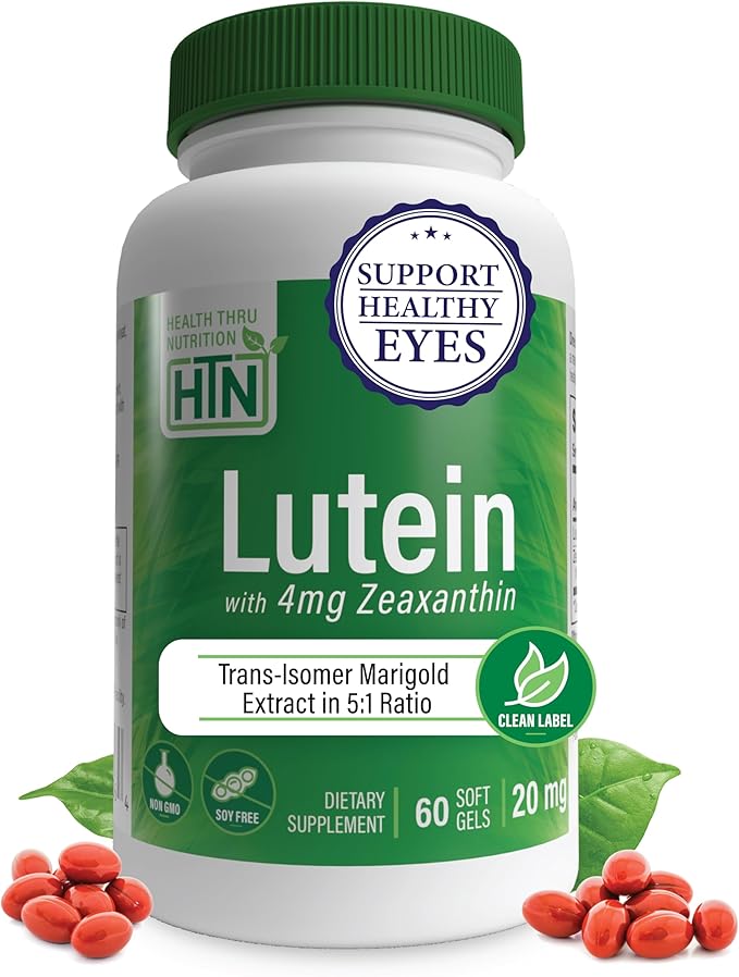 Lutein 20mg with Zeaxanthin 4mg 60 Softgels | Trans-Isomer Marigold Extract in Nature Identical 5:1 Ratio | Supports Healthy Eye, Skin and Brain | Non-GMO Soy & Gluten Free | by Health Thru Nutrition
