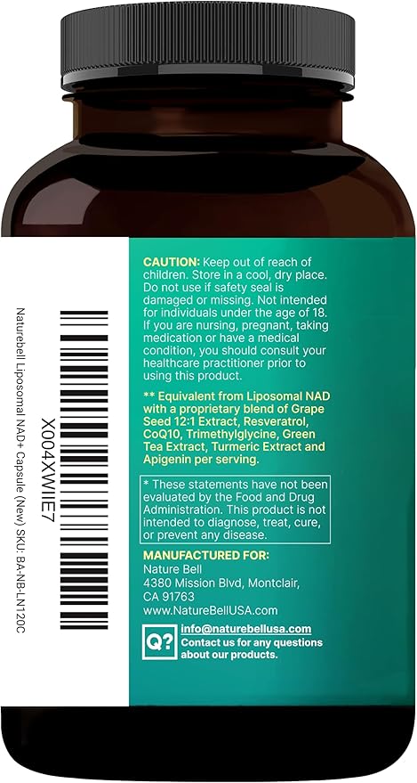 NatureBell Liposomal NAD+ 8-in-1 Complex 2000mg** Per Serving, 120 Vegetarian Capsules – NAD Resveratrol Supplement with TMG, CoQ10, Turmeric, Grape Seed & Apigenin – Non-GMO, cGMP Manufactured