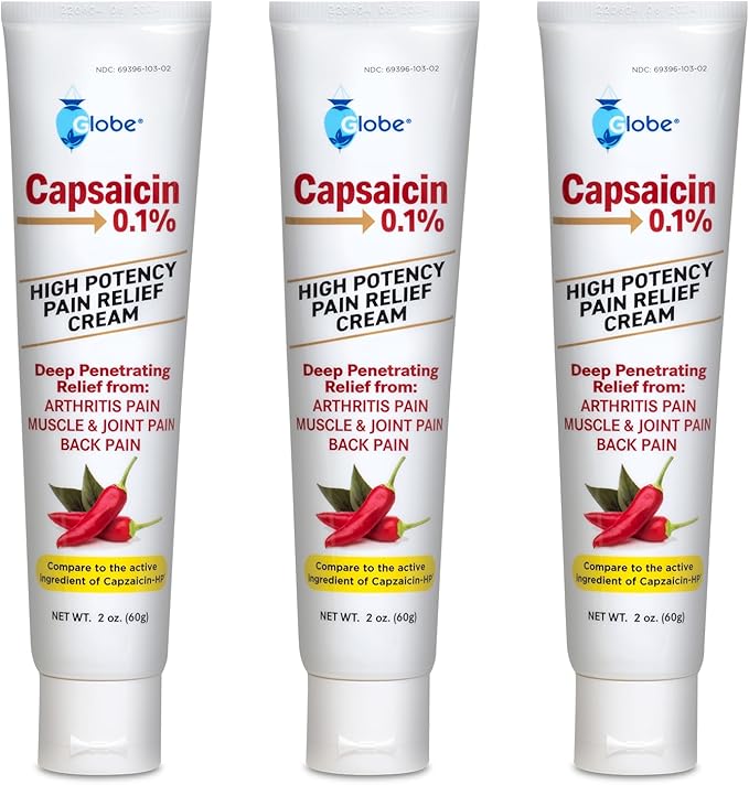 Globe (3 Pack) Capsaicin 0.1% High Potency Pain Relief Cream, Unscented (2 oz) Deep Penetrating Relief from: Arthritis, Muscle, Joint and Back Pain