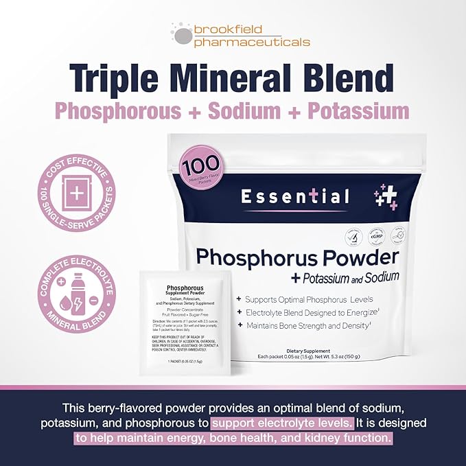 Phosphorus Supplements 100 Packets, Dietary Supplements Powder with Sodium Phosphate and Potassium Phosphate, Fruit Flavored Phosphorous Supplement Powder for Electrolyte, Bone Health & Kidney Health
