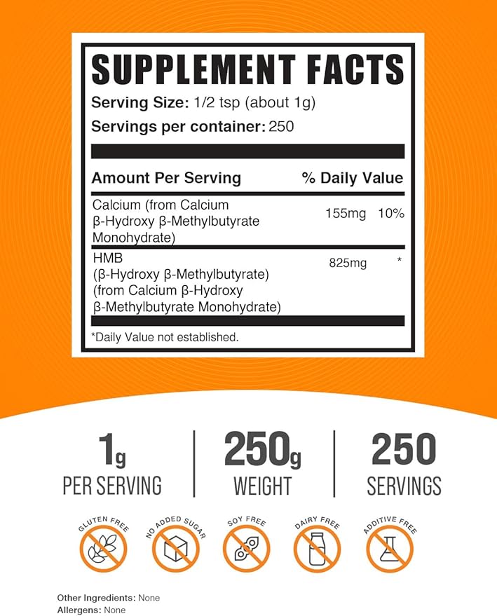 BulkSupplements.com HMB Powder - Beta-Hydroxy Beta-Methylbutyrate, Calcium HMB Supplement - Gluten Free - 1g per Serving, 250g (8.8 oz) (Pack of 1)