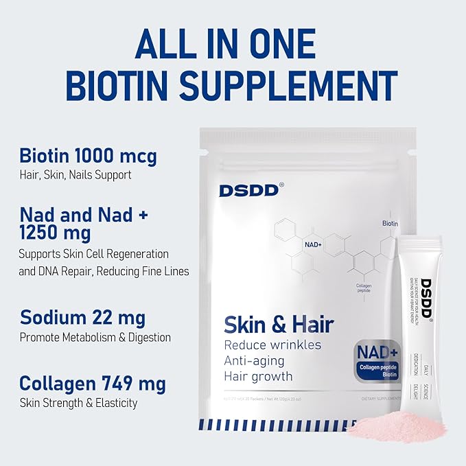 Biotin Supplement for Supports Healthy Hair, Skin & Nails, Hair Growth Vitamins for Women & Men with 1000mcg Biotin, 1000mg NAD+, Collagen, Sodium, Non-GMO & No Gluten 20 Servings