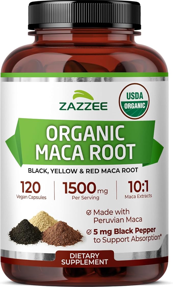 Zazzee USDA Organic Maca Root 10:1 Extract, Red, Black & Yellow Maca, 1500 mg per Serving, 120 Vegan Capsules, Black Pepper Extract, 2 Month Supply, Energy & Stamina Support, Non-GMO, Made in the USA
