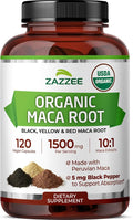 Zazzee USDA Organic Maca Root 10:1 Extract, Red, Black & Yellow Maca, 1500 mg per Serving, 120 Vegan Capsules, Black Pepper Extract, 2 Month Supply, Energy & Stamina Support, Non-GMO, Made in the USA