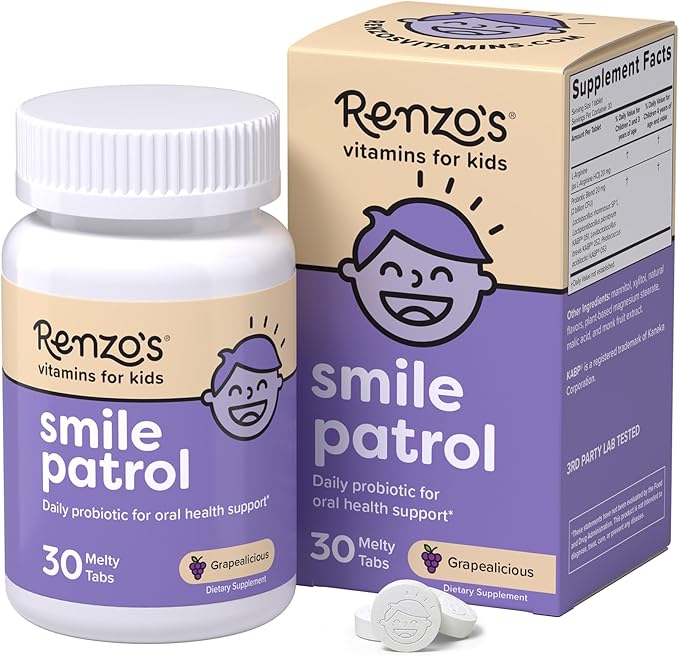 Renzo's Smile Patrol Dissolvable Probiotics for Kids, Sugar-Free - Kids Oral Health Supplement with 4 Probiotic Strains & L-Arginine for Healthy Teeth & Gums - 30 Melty Tabs, Grape Flavor