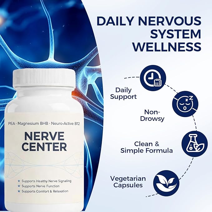 Nerve Center — Advanced Daily Nerve Support with Pea, Magnesium BHB & Vitamin B12 for Healthy Nerve Function, Cognitive Support & Daily Energy, 60 Capsules