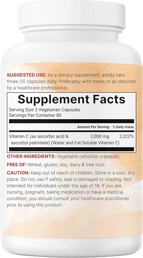 Pure Vitamin C 2,000mg, 240 Veggie Capsules | Highly Bioavailable Fat & Water Soluble Forms | Max Potency | Antioxidant & Immune Support Supplement | Easily Absorbed, Non-GMO, Filler Free
