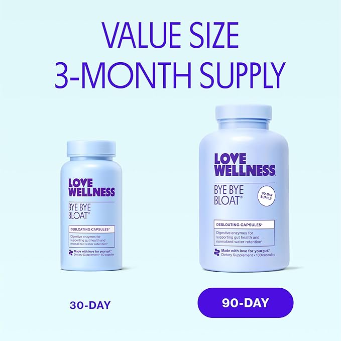 Love Wellness Bye Bye Bloat, Digestive Enzymes | Bloating Relief for Women | Help Reduce Gas Relief & Water Retention | Supports Digestive Health with Fenugreek & Dandelion | 180 Count
