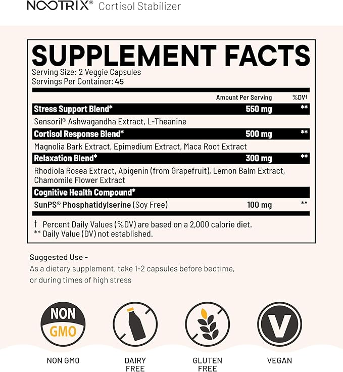Nootrix Cortisol Manager & Stabilizer Supplement | Supports Deep Sleep, Relaxation, Adrenal Health & Stress | 300mg Ashwagandha | L-Theanine, Rhodiola Rosea Extract & Apigenin | 90 Capsules