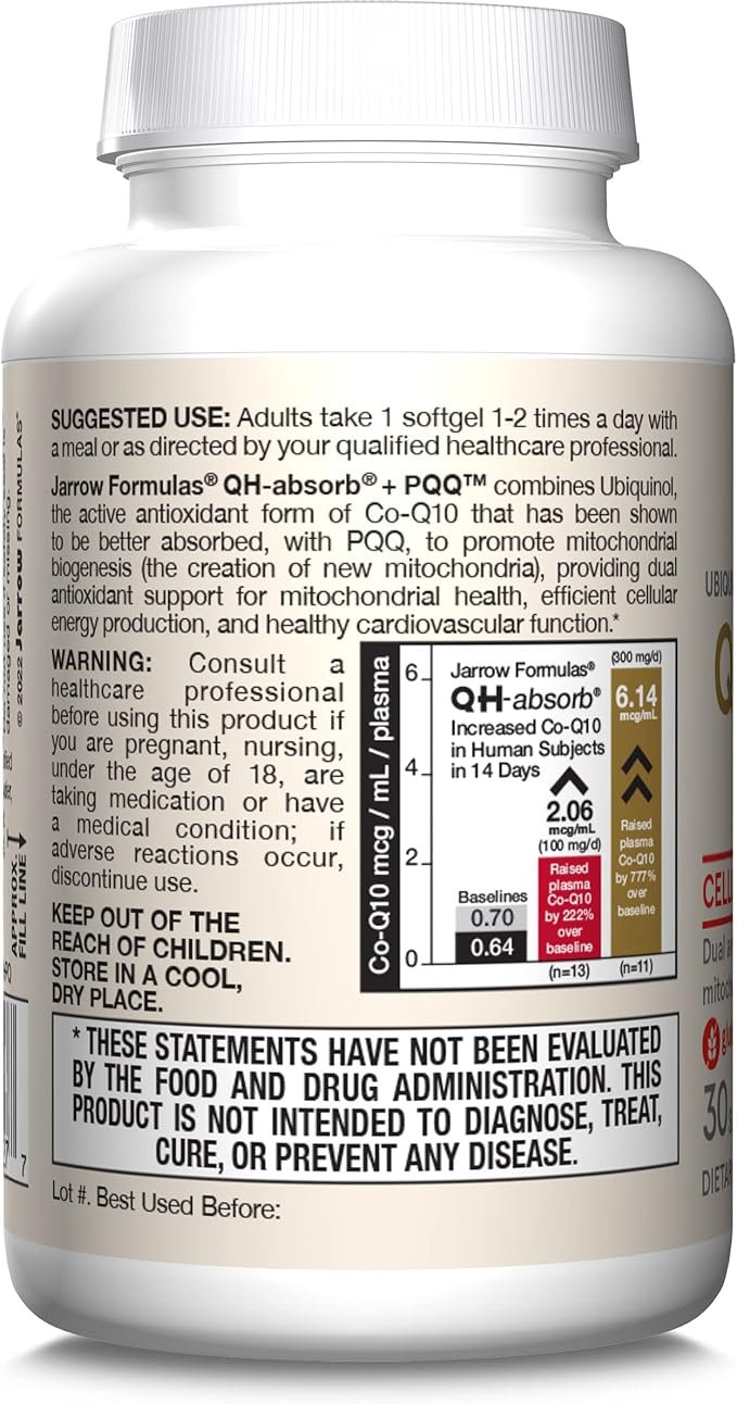 Jarrow Formulas QH-absorb + PQQ - 30 Softgels - Dietary Supplement Supports Mitochondrial Biogenesis, Energy Production & Cardiovascular Health - Up to 30 Servings