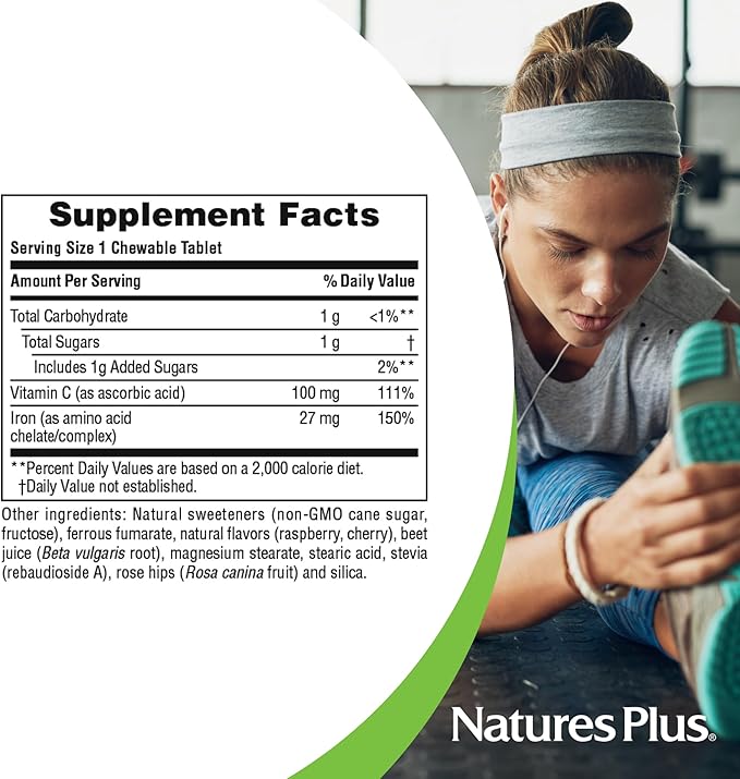 NaturesPlus Chewable Iron, Cherry - 90 Tablets - Supports Natural Energy Production - High-Potency Supplement with Vitamin C & Herbs - 90 Servings