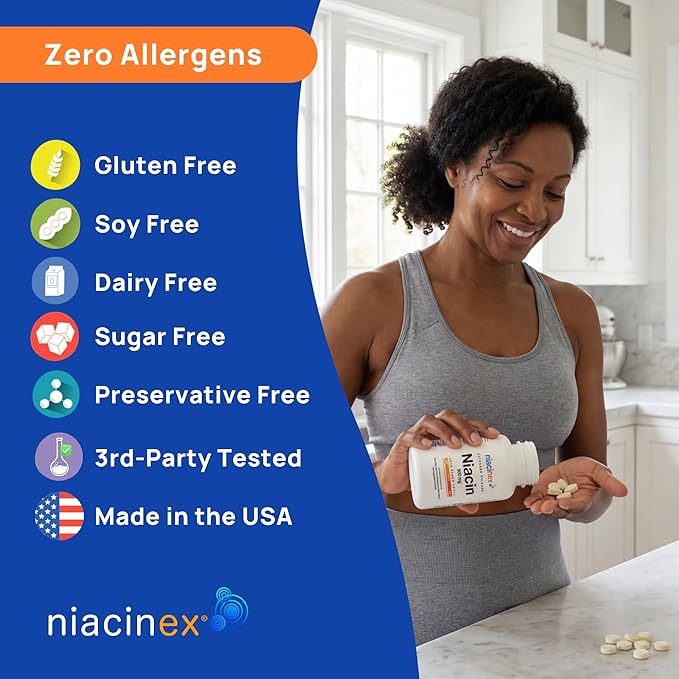 Niacin 500mg Extended Time Release, 60 Tablets, Minimal to No-Flush, Vitamin B3 Supplement - Cholesterol Balance, Nicotinic Acid Vegan, cGMP, Made in the USA