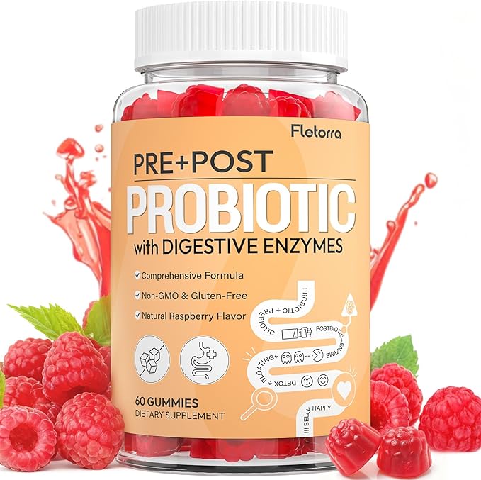 Probiotic Gummies, 4-in-1 Pre and Post Probiotics for Women & Men, with 16 Digestive Enzymes for Gut Health, Digestion, Immunity, 0 Sugar, Prebiotics and Probiotics, 60 Gummies
