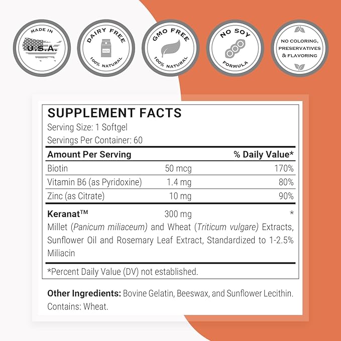 Supersmart - Keranat (Advanced Formula with Biotin) - Hair Supplement for Volume & Growth - Hair Loss Vitamins | Non-GMO & Gluten Free - 60 Softgels