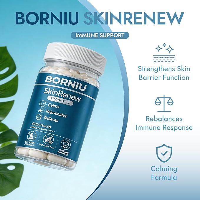 Borniu SkinRenew Probiotic for Gut and Skin Support, 5 Targeted Probiotic Strains Plus Inulin Prebiotic Fiber, Vegan, Non-GMO, 60 Capsules(1pc)