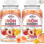 Iron Supplement Gummies for Adults & Kids - with Calcium, Zinc, Folate & Multivitamin - Blood Builder & Energy Support & Immune Health for Iron Deficiency, Anemia, Vegan -Peach & Mango Flavor,120ct