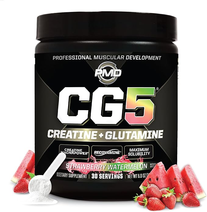 PMD Sports CG5 Premium Creatine & L Glutamine Powder, Power Recovery, Build Lean Muscle, Increase Workout Performance, Maximum Strength Pre Workout & Post Workout, Strawberry Watermelon, 30 Servings