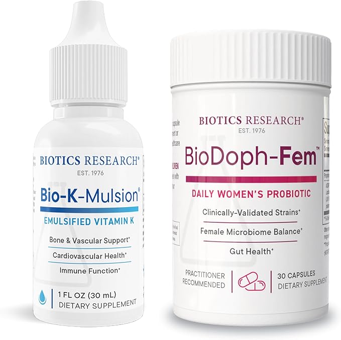 Biotics Research Bio K Mulsion™ Liquid Vitamin K Drops – 500 mcg/S + BioDoph-Fem™ Women’s Probiotic – Vaginal & Gut Health with Astarte & CLEPIUS, Shelf-Stable, 1 fl oz + 30 Caps