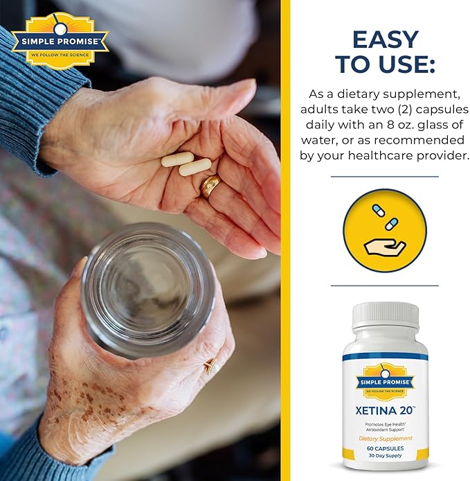 Simple Promise - Xetina 20™ Lutein and Zeaxanthin Supplements - Essential Support for Eye Health with Vitamins E, Eyebright, Zinc, Grape Seed Extract, Rutin & Bilberry - 60 Capsules