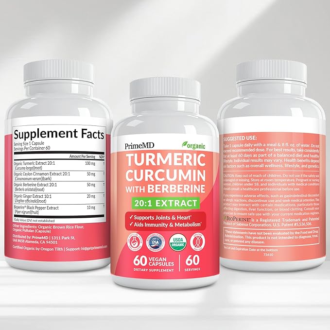 5-in-1 USDA Organic Turmeric Curcumin Supplement - 230mg with Berberine, Ceylon Cinnamon Bioperine and Ginger Supplements for Mobility, Digestion & Wellness Support, USDA Organic, 60 Servings, 1-Pack