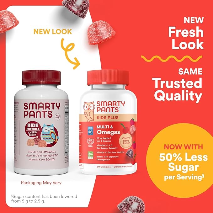 SmartyPants Kids Multivitamin Gummies, Omega 3 (DHA/EPA), Vitamins D3, C, B12, B6, Vitamin A, K & Zinc, Gluten Free, Cherry Berry Punch Flavors, 60 Count (30 Day Supply)