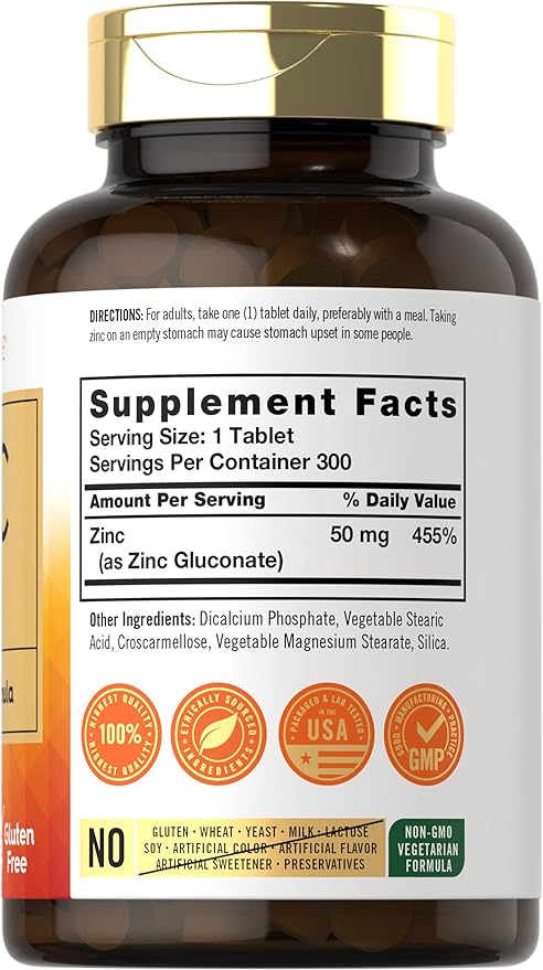 Carlyle Zinc 50mg | 300 Tablets | Vegetarian, Non-GMO, and Gluten Free Supplement | Zinc Gluconate | High Potency Formula