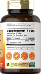 Carlyle Zinc 50mg | 300 Tablets | Vegetarian, Non-GMO, and Gluten Free Supplement | Zinc Gluconate | High Potency Formula