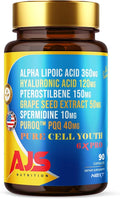AJS Pure Cell Youth 6X PRO, 90 Capsules -PQQ 40mg, R-Lipoic Acid 360mg, Sodium Hyaluronate 120mg, Pterostilbene 150mg, Grape Seed Extract 50mg, Spermidine 10mg
