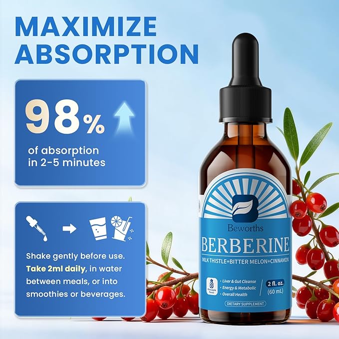 Berberine Supplement with Ceylon Cinnamon - Berberine Liquid Drops with Turmeric Curcumin, Ceylon Cinnamon, Bitter Melon, Berberine Phytosome for Digestion System, Immune Health Support -Vegetarian