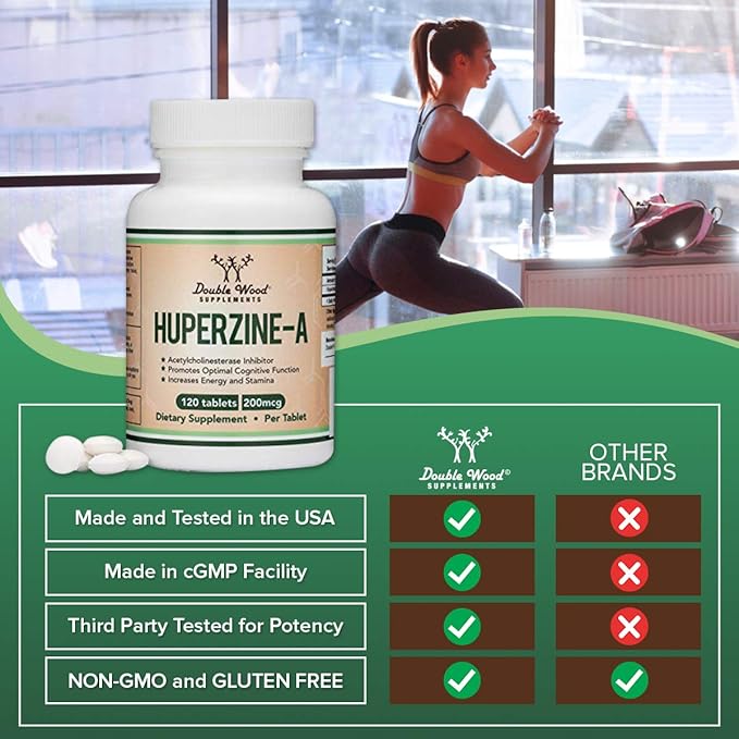 Huperzine A 200mcg (Third Party Tested) 120 Tablets, Brain Supplement to Promote Acetylcholine (Acetylcholinesterase Inhibitor) - Supports Memory and Focus by Double Wood