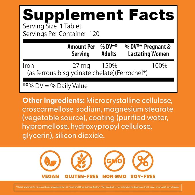 Doctor's Best High Absorption Iron Tablet with Ferrochel, Gentle on The Stomach, Immune Health, Blood Health, 27 mg