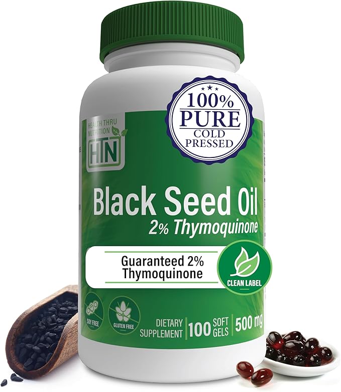 Health Thru Nutrition Black Seed Oil 500mg 100 Softgels | High Potency 2% Thymoquinone | 3rd Party Tested | Pure Cold Pressed | Organically Grown | Non-GMO, Gluten Free, Soy Free