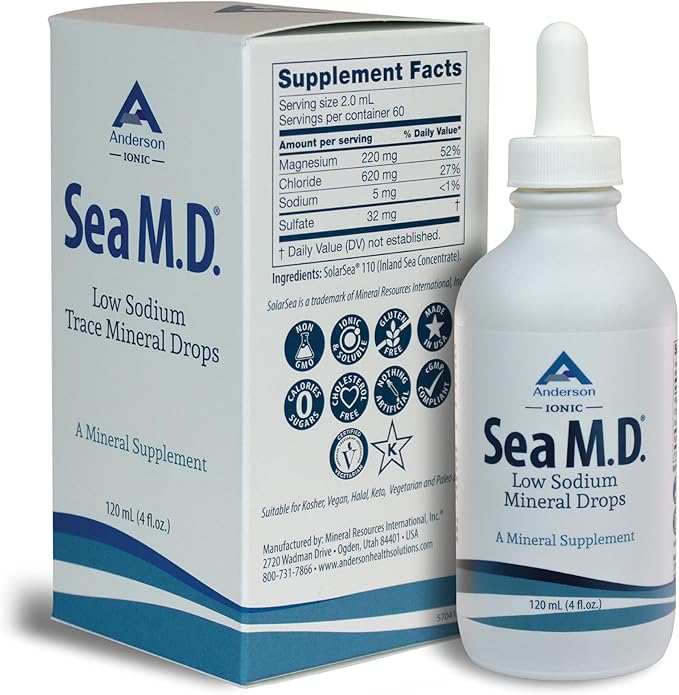 Anderson Sea M.D. Concentrated Trace Mineral Drops, 79 Trace Minerals with Magnesium, Sodium and Chloride Electrolytes - Supports Hydration, Energy, Muscles and Bone Health - 4 Fl Oz, 60 Servings