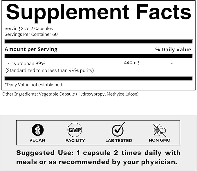 Clean Label L Tryptophan Supplement 220mg – Essential Amino Acid – Supports Restful Sleep and Relaxation – 120 Capsules