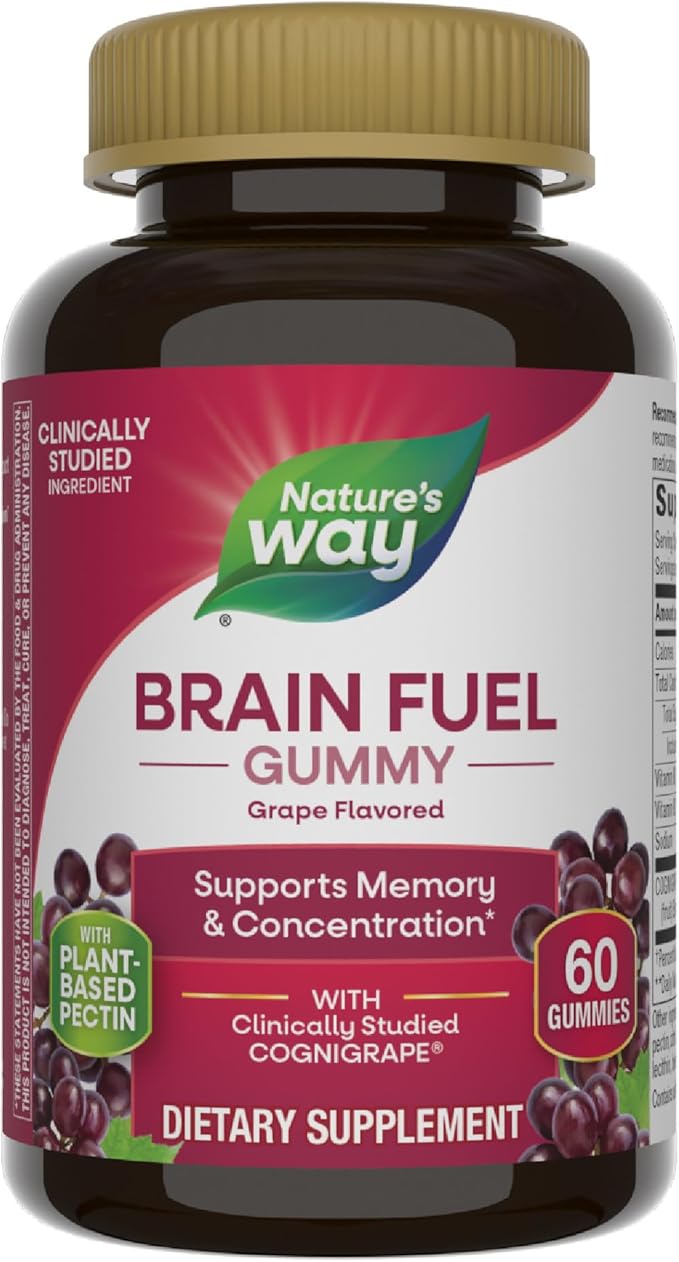 Nature’s Way Brain Fuel, Supports Memory and Concentration*, Brain Function Support Supplement*, Clinically Studied Cognigrape®, Grape Flavored, 60 Gummies