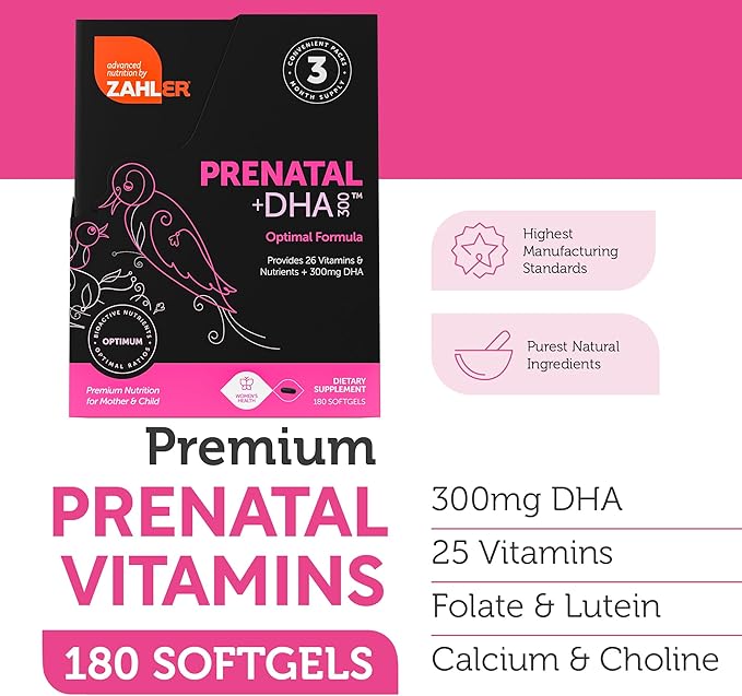 Zahler Prenatal Vitamin with DHA & Folate - DHA Supplements & Prenatal Multivitamin for Mother and Child - Kosher Prenatal DHA Prenatal Vitamins with Iron, Pre Natal Softgels (180 Count (Pack of 1))