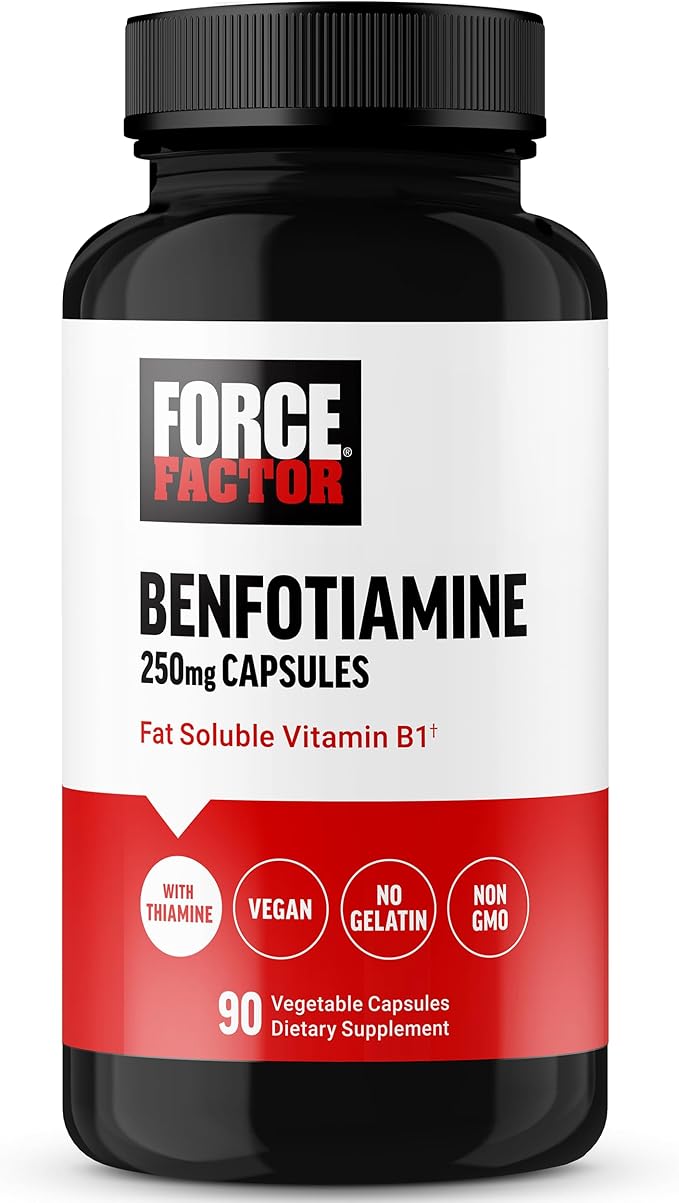 Force Factor Benfotiamine Plus Thiamine Supplement, Fat Soluble Vitamin B1 for High Absorption, Non-GMO, Vegan, 90 Vegetable Capsules