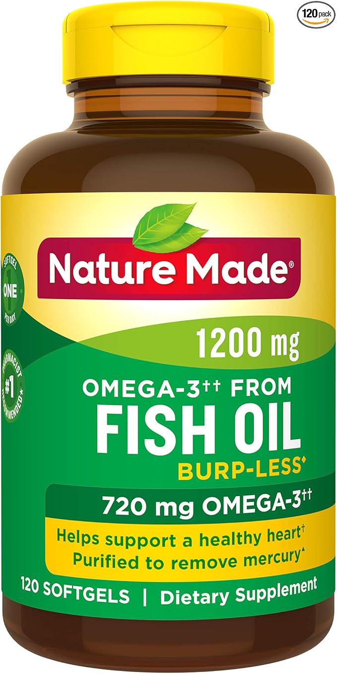 Burp-Less Fish Oil 1200 mg One Per Day, 120 Softgels, Fish Oil Omega 3 Supplement For Heart Health