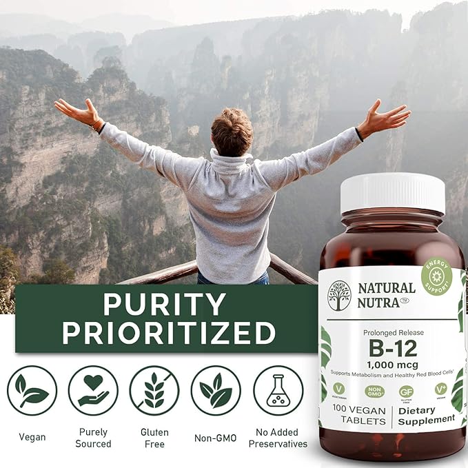 Natural Nutra Vitamin B12 1000 mcg, Promote Heart & Nerve Health, Cobalamin B12 Supplement, Calcium Phosphate, Help in Metabolism Health, Optimal Absorption, Gluten Free, Sugar Free, 100 Vegan Tablets