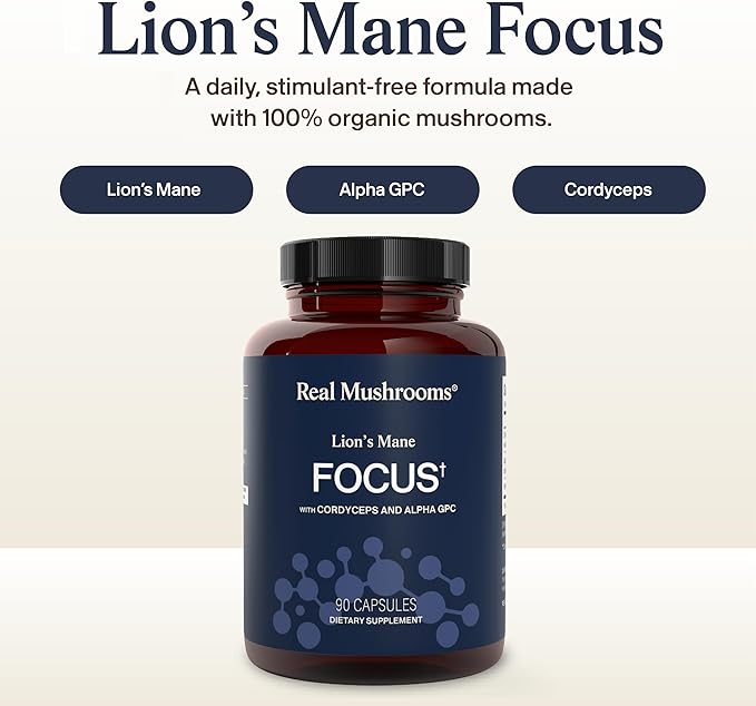 Real Mushrooms Lion’s Mane Focus Capsules (90 Count) – Organic Lions Mane Fruiting Body Extracts with 200mg Alpha GPC Choline for Mental Clarity & Daily Cognitive Function
