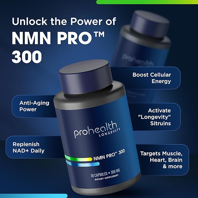 ProHealth NMN Pro 300 (30 Capsules) Clinically Studied Uthever® NMN. NAD+ Precursor for Cellular Energy, Mitochondrial Support & Healthy Aging. USA Manufactured, Triple Lab-Tested
