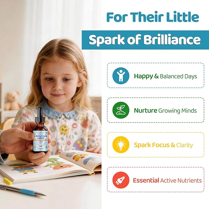 Liposomal L-Methylfolate 5-MTHF Liquid for Kids & Teens – High Absorption Methylated Folate with Citicoline & Methyl B12 – Supports Focus, Clarity & Cognitive Development – Sugar-Free Berry – 2 fl oz