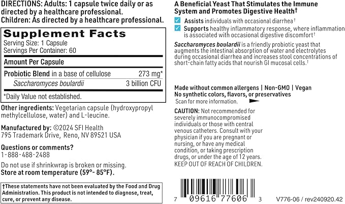Klaire Labs SFI Health Saccharomyces Boulardii Gut Probiotics for Women & Men - 5 Billion CFU Yeast Probiotics for Digestive Health, Immune Support & Diarrhea Relief (60 ct)