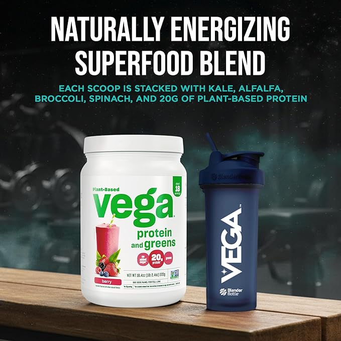 Vega Premium Protein + Supergreens, Berry – 20g Vegan Protein, Dairy & Gluten Free, 19.2 oz (18 Servings)