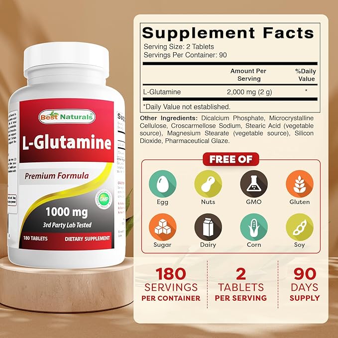 Best Naturals L-Glutamine 1000 mg 180 Tablets (180 Count (Pack of 2))