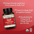 Dr. Mercola Iron from Organic Curry, 30 Servings (30 Tablets), 7.5 mg Iron Per Tablet, Dietary Supplement, Supports Immune Health, Regenerative, Certified USDA Organic, Non-GMO