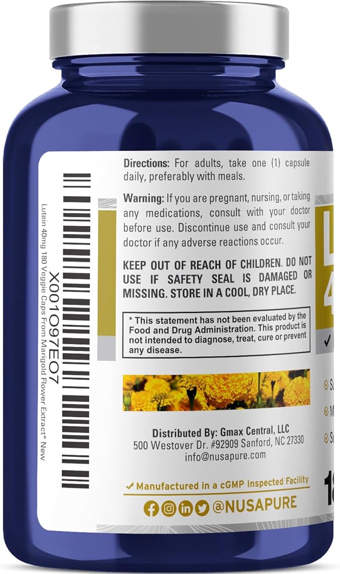 NusasPure Lutein - Suitable for Vegetarian/Vegan, Non - GMO - 40 mg - 180 Capsules