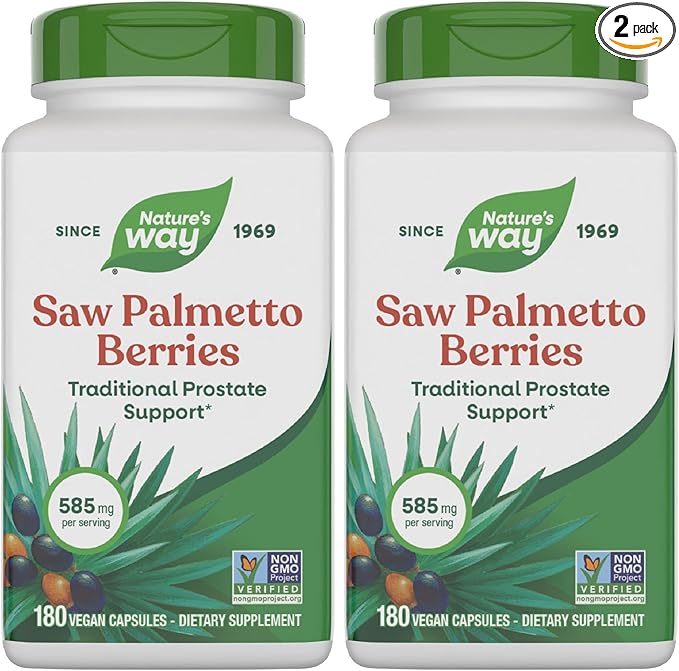 Nature's Way Saw Palmetto Berries,Traditional Prostate Support*,585 mg per Serving,Non-GMO Project Verified,Vegan,180 Capsules,(Pack of 2)
