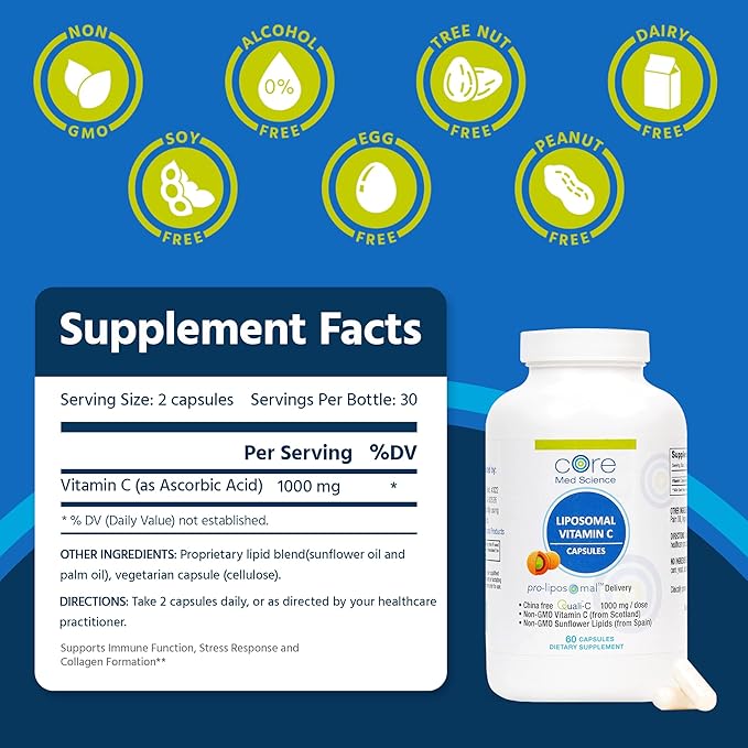 Core Med Science Liposomal Vitamin C 1000mg, 60 Capsules - Non-GMO Natural Liposomal Vitamin C Supplement that Promotes Healthy Skin - Immune System Booster for Adults, Supports Collagen Formation